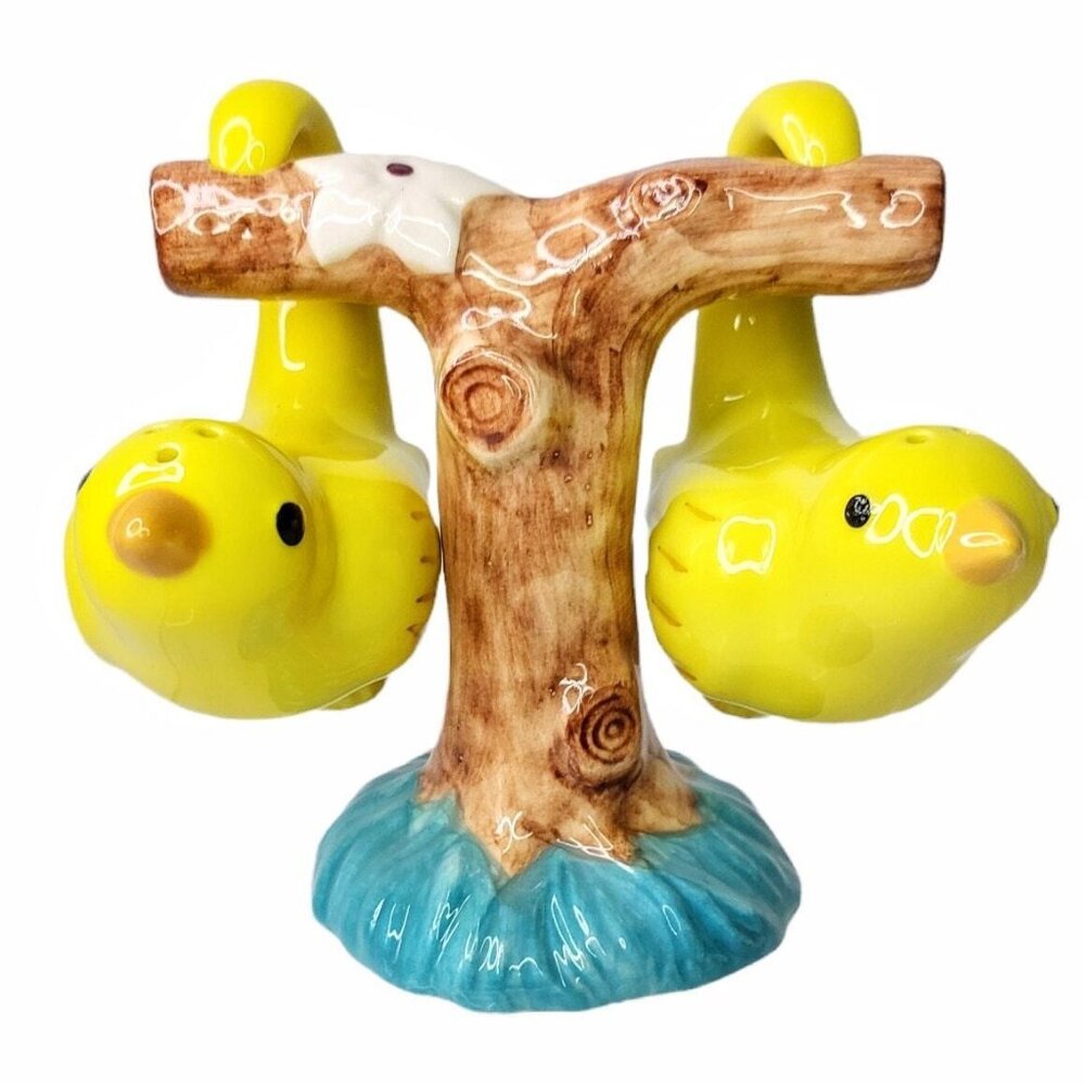 Ceramic Yellow Canary Salt & Pepper Shaker Set Hand Painted Bird On Tree Stand